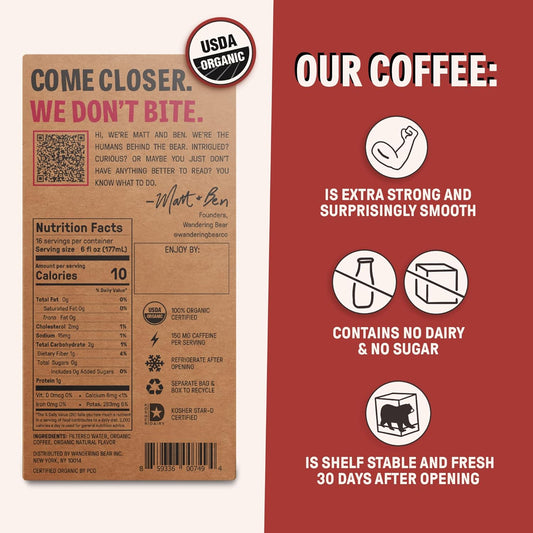 Wandering Bear Organic Mocha Cold Brew Coffee On Tap, 96 Fl Oz - Extra Strong, Smooth, Unsweetened, Shelf-Stable, And Ready To Drink Iced Coffee, Cold Brewed Coffee, Cold Coffee