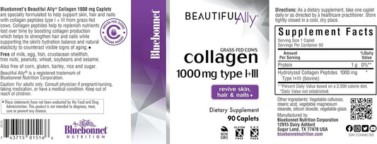 Bluebonnet Nutrition Beautiful Ally Collagen Caplets, Hydrolyzed Collagen From Grass Fed Cows, Collagen Peptides Type 1 & 3, Non Gmo, Gluten Free, Soy Free, Milk Free, 90 Caplets, 90 Day Supply : Health & Household