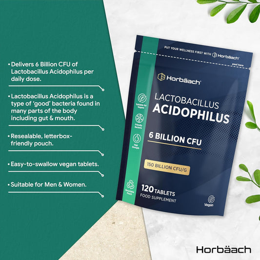 Lactobacillus Acidophilus 6 Billion Cfu | Pro-Bio For Digestive & Gut Health | 120 Vegan Tablets | High Strength Bio Cultures For Men & Women | By Horbaach