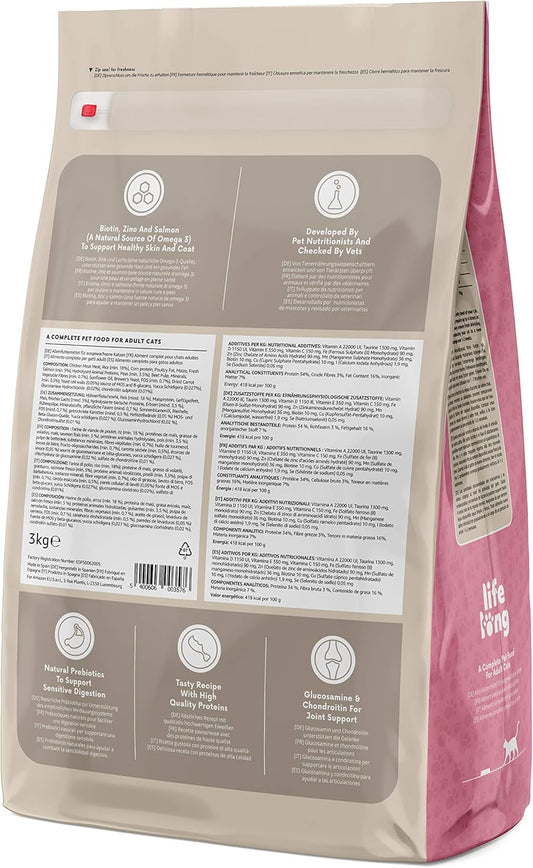 Amazon Brand - Lifelong - Complete Dry Cat Food With Salmon & Rice For Adult Cats, 3 Kg (Pack Of 1)5400606003507