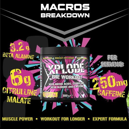 Sci-Mx - X-Plode Pre-Workout - 300G - Tropical Flavour - 250Mg Caffeine, 6G Citrulline Malate, 3.2G Beta Alanine / Serving - Suitable For Vegetarians + Vegans