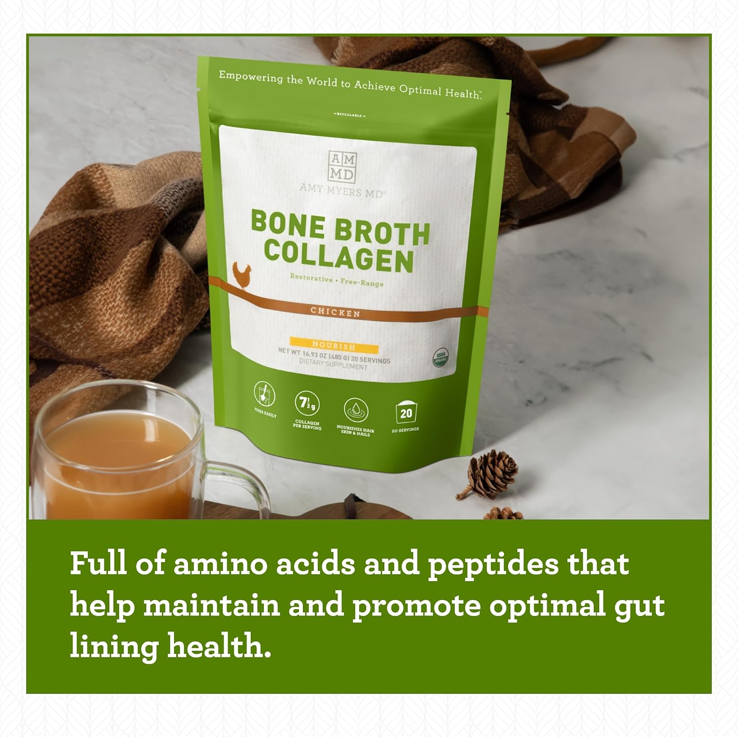 Amy Myers Md Bone Broth Collagen Powder - Organic Chicken Bone Broth - Supports Healthy Skin & Nails - For Gut Health & Joint Support - 20 Servings, Chicken Flavor : Health & Household