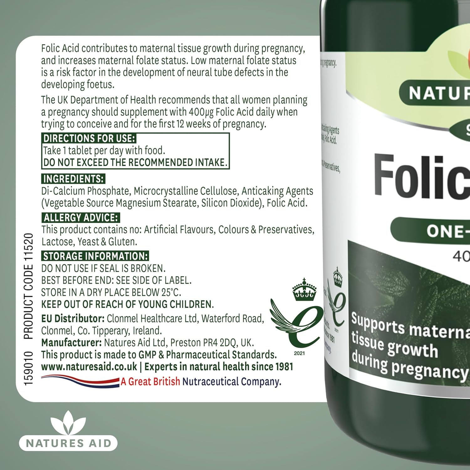 Natures Aid Folic Acid 400mcg – Supports Prenatal Health, Red Blood Cell Formation, DNA Synthesis – Vegan, Non-GMO, Gluten-Free – High Potency Natural Supplement – 90 Tablets : Amazon.co.uk: Health & Personal Care