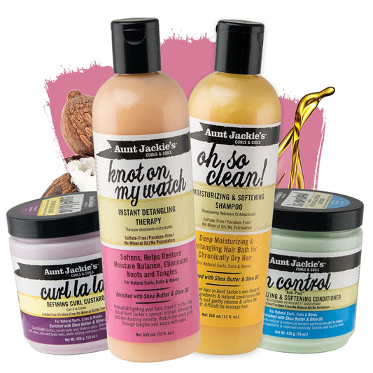 Aunt Jackie's Curls and Coils Perfect Hydrate Your Curls 4 Pack, Curl La La, Knot On My Watch, Oh So Clean, In Control, Mega-Moisturizing Natural Ingredients of Shea Butter and Olive Oil