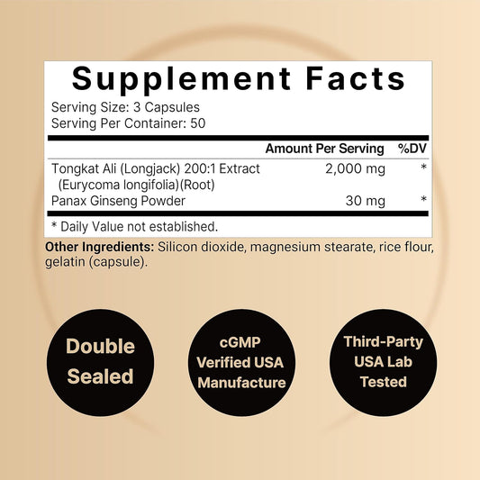 Tongkat Ali 200:1 (Longjack) Extract For Men, 2000Mg Per Serving, Indonesia Origin, Eurycoma Longifolia | With Panax Ginseng For Energy, Stamina, & Male Health Support (150 Count (Pack Of 2))