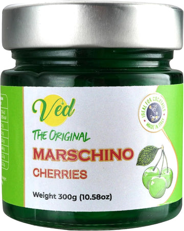 Ved Gourmet Original Green Maraschino Cherries - Italian Cherry For Old-Fashioned Cocktails - Vegan Cocktail, Bourbon Cherries In Natural Syrup For Cocktail Garnish, (600 G(Pack Of 2))