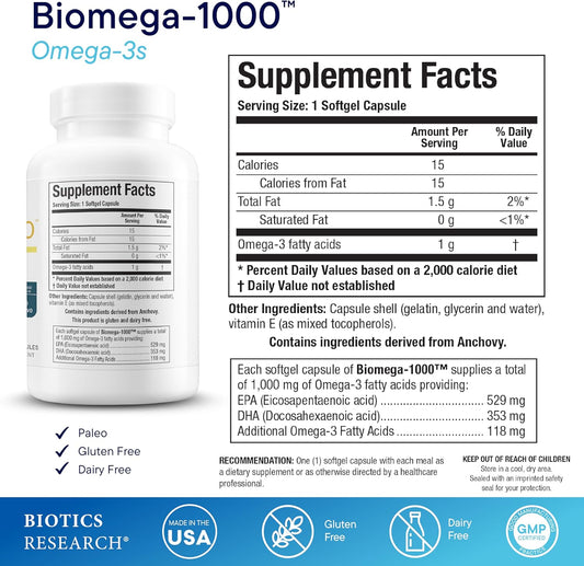 Biotics Research Biomega-1000™ Omega 3 Fish Oil With Epa/Dha - High Potency Omega-3 Fatty Acids 1000 Mg- Highly Concentrated Fish Oil For Women & Men –Supports Immune, Brain & Heart Health–90 Softgels