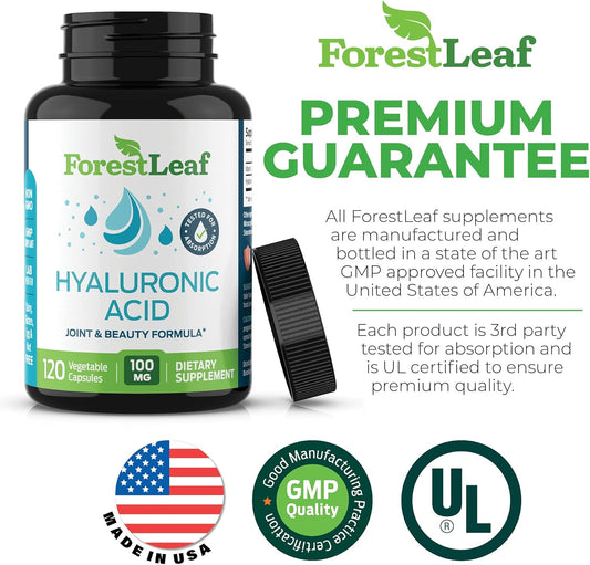 Forestleaf - Hyaluronic Acid Supplements - 120 Vegetable Capsules - 100Mg Dietary Hyaluronic Acid + 50Mg Vitamin C Joint & Anti Aging Beauty Formula - Supports Skin Hydration, Joints, Bones & Hair