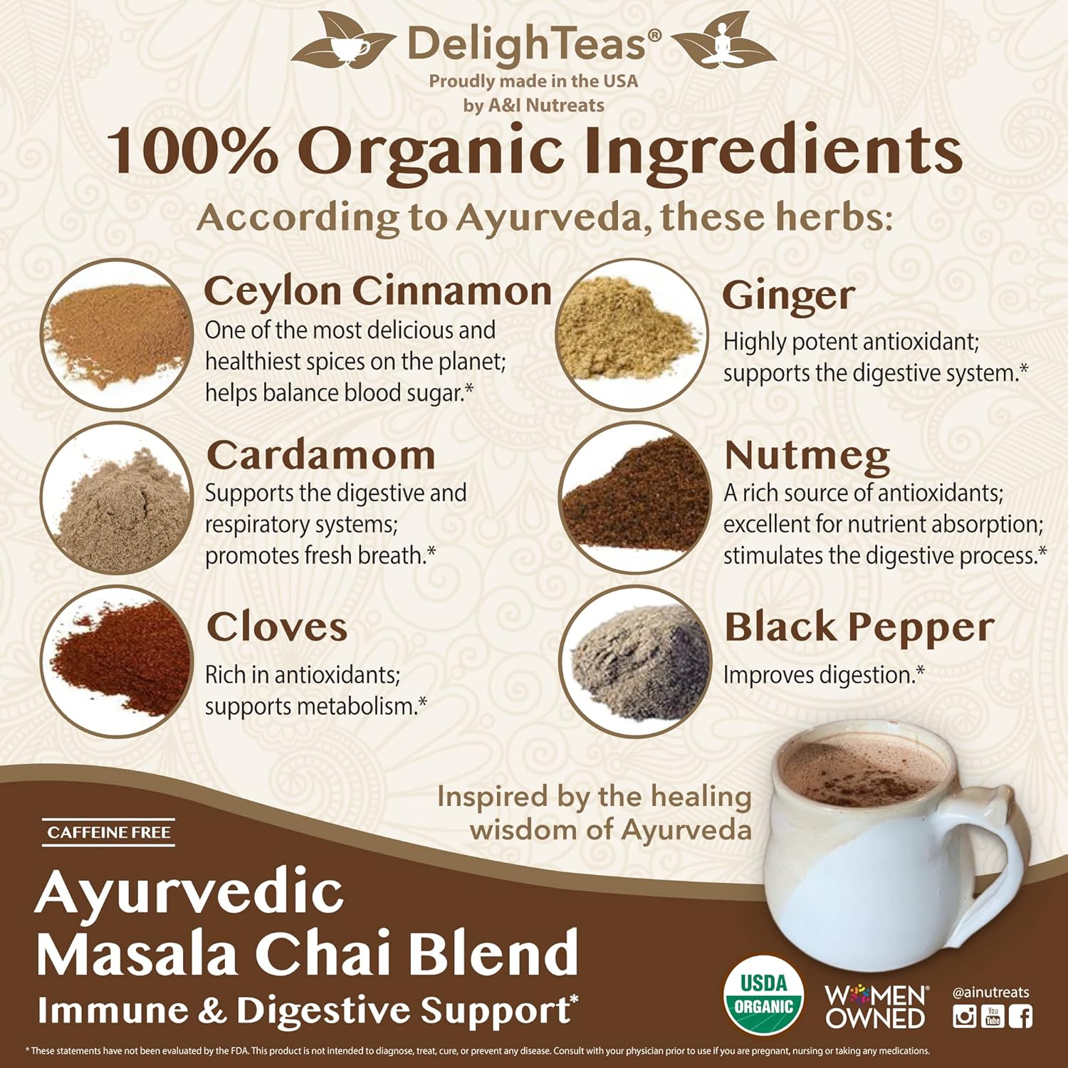 Delighteas Organic Masala Chai Powder | Caffeine Free, Unsweetened, Vegan, Keto | Ayurvedic Digestive Support Blend For Chai Spice Tea | 100 Servings, 4Oz
