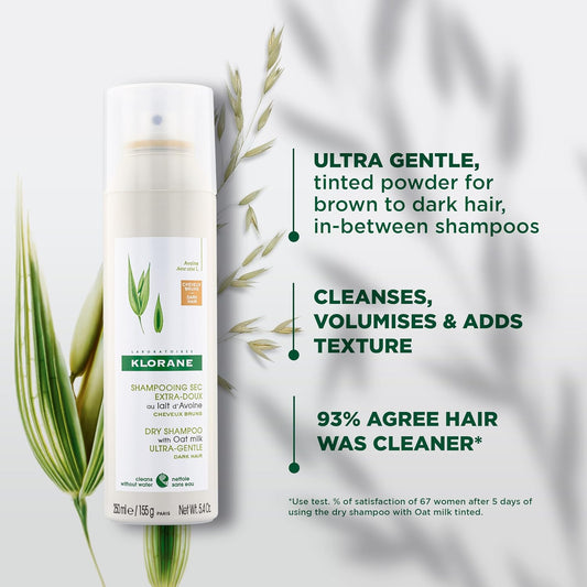 Klorane Dry Shampoo with Oat Milk, For Dark Hair, Natural Tint, All Hair Types, Paraben & Sulfate-Free