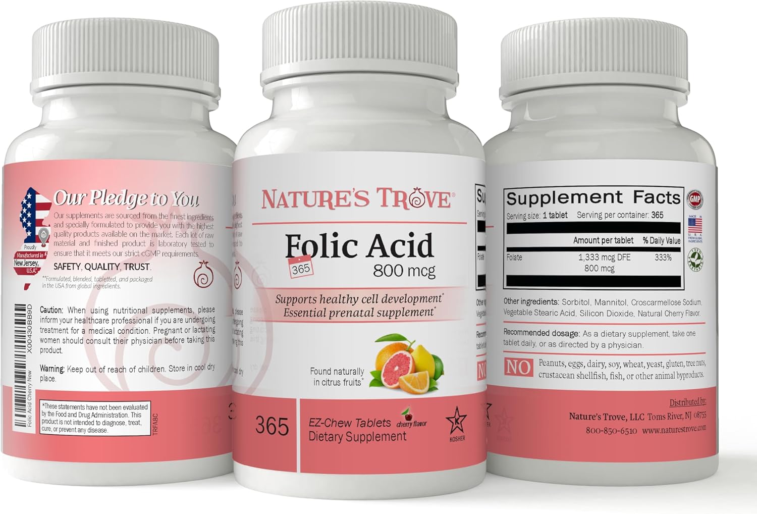 Nature's Trove Folic Acid 800 mcg (B9 Vitamin) 365 EZ Chew Tablets Cherry Flavor : Health & Household