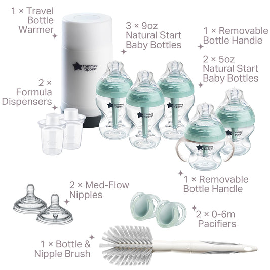 Tommee Tippee Advanced Anti-Colic Ready For Baby Bottle Set, 5Oz And 9Oz Self-Sterilizing Bottles, Slow And Medium Flow Nipples, 0-6 Month Pacifiers, Travel Bottle Warmer, Removable Bottle Handles