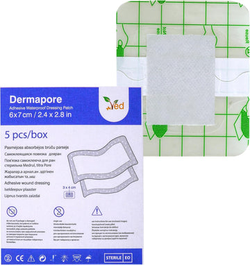 Ved Dermapore Waterproof Adhesive Wound Dressing- Suitable For Cuts And Grazes, Diabetic Leg Ulcers, Venous Leg Ulcers, Small Pressure Sores- Medium, 6 X 7Cm (Pack Of 5)