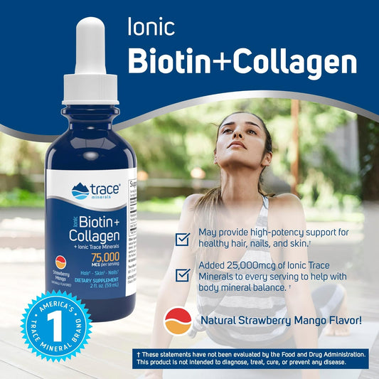 Trace Minerals | Liquid Ionic Biotin + Collagen (75,000Mcg) | Supports Hair, Skin & Nails | Strawberry Mango, Sugar Free | 29 Servings