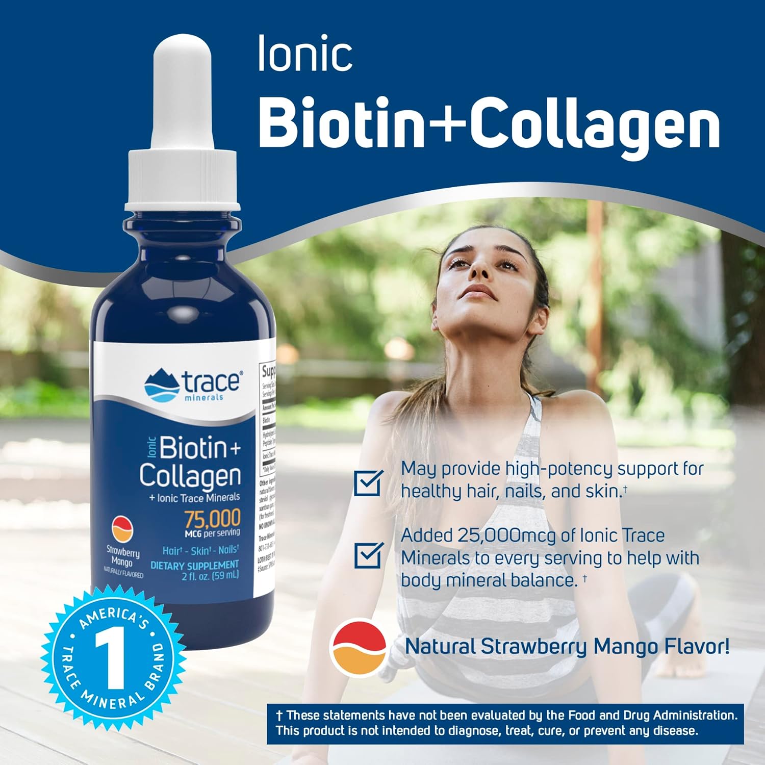 Trace Minerals | Liq Ionic Biotin + Collagen (75,000mcg) | Bioavailable with Full Spectrum Ionic Supports Hair, Skin & Nails | Natural Strawberry Mango, Sugar Free | 29 Servings
