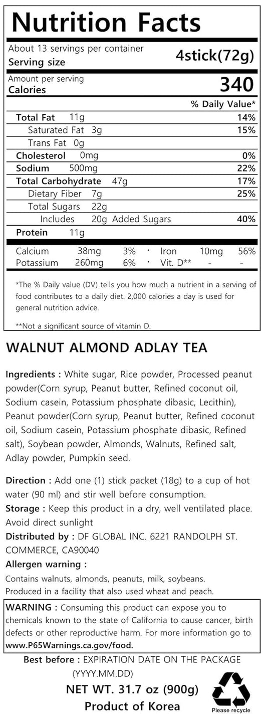 Damtuh Korean Walnut Almond Adlay (Job'S Tear) Powder Meal Replacement Shake - Nutty Breakfast Drink, Misugaru, 18G X 50 Sticks (Pack Of 1)