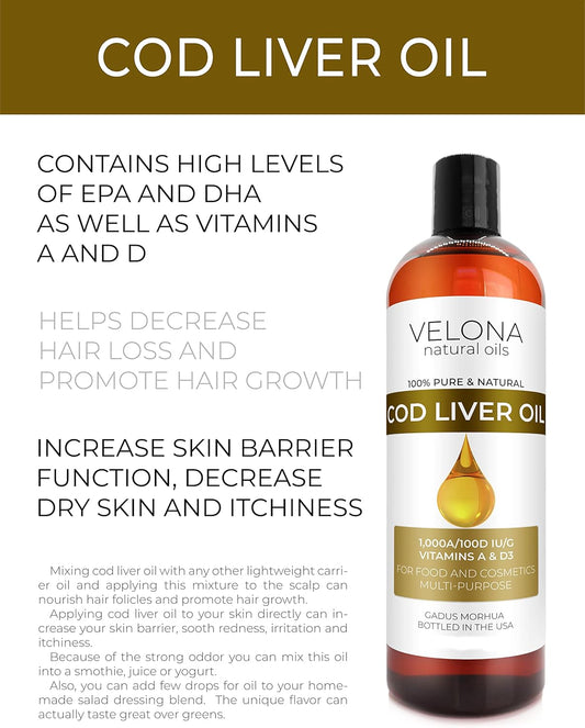 velona Cod Liver Oil - 64 oz | 1,000A/100D IU/g Omega 3 Vitamins A & D3 | Norwegian Arctic Sustainably Sourced Nordic Oil | Hair, Body and Skin Care | Use Today - Enjoy Results