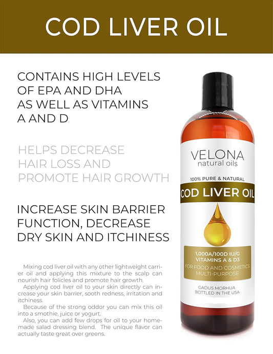 velona Cod Liver Oil - 4 oz | 1,000A/100D IU/g Omega 3 Vitamins A & D3 | Norwegian Arctic Sustainably Sourced Nordic Oil | Hair, Body and Skin Care | Use Today - Enjoy Results