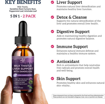 (2 Pack) Milk Thistle Liquid Drops Silymarin 1000Mg, Liver Supplement Detox & Cleanse With Dandelion & Artichoke, Milk Thistle Organic Extract For Support Repair Liver Health, Vegan, Non-Gmo, 1 Fl Oz