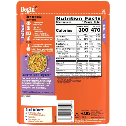 Ben'S Original Ready Rice Coconut Jasmine Flavored Rice, Easy Dinner Side, 8.5 Oz Pouch (Pack Of 12)