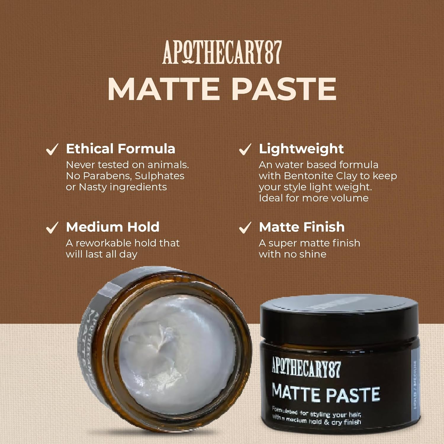 Apothecary 87 Matte Paste | Matte Finish, Medium Hold, Light Weight Hair Styling Paste | Creates Volume, Texture & Hold | All Hair Types | Premium Formulation | 50ml : Amazon.co.uk: Beauty