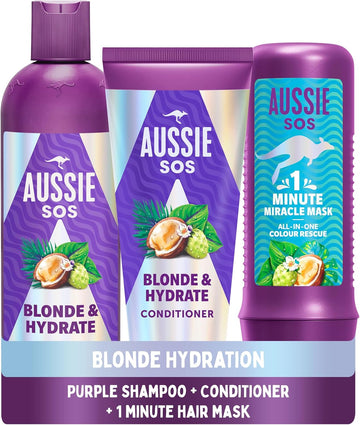 Aussie Blonde Hydration Vegan Purple Shampoo, Conditioner And 3 Minute Miracle Hair Mask Set, Silver Toner, Neutralises Yellow & Brassy Tones For Hydrated Hair