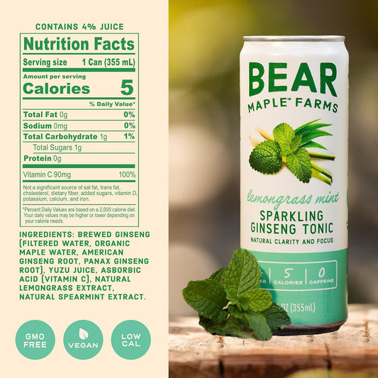 Bear Maple Farms Sparkling Ginseng Tonic, Natural Focus & Clarity From Ginseng, No Caffeine, 5-10 Calories Per Serving, Naturally Sweetened, 12Oz Can - Ginger