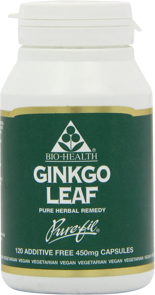 Bio-Health Ginkgo Leaf 450Mg Pure Herbal Food Supplement, Supports Blood Circulation, Mental Performance And Boosts Energy Suitable For Vegetarians And Vegans, Additive Free, 120 Capsules