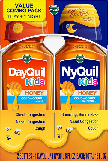 Vicks Kids Nyquil/Dayquil Honey Cold & Cough + Congestion Relief Combo Pack For Nighttime & Daytime Cough & Congestion, Flavored With Real Honey, For Children Ages 6+, 8 Fl Oz Nyquil, 8 Fl Oz Dayquil