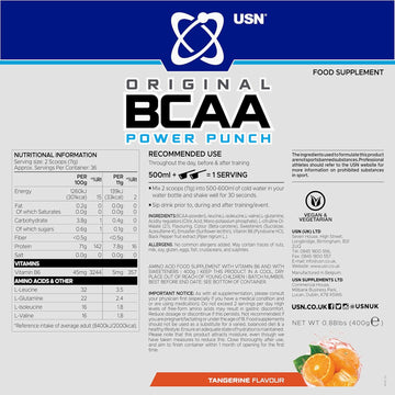 Usn Power Punch Bcaa Amino Acids Powder, Tangerine Flavour - 200G, Vegan Bcaa Powder, Vitamin B6 & No Sugar, Pre Workout Or Intra Workout Energy Drink Mix & Dietary Supplement To Maximise Performance