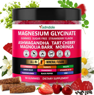 90Ct 15-In-1 Magnesium Glycinate Gummies 400 Mg/Serv- With Magnesium Malate, Ashwagandha, Tart Cherry, Magnolia Bark, Lemon Balm, Passionflower, Chamomile, L-Theanine, Zinc, Vitamin K2 & D3