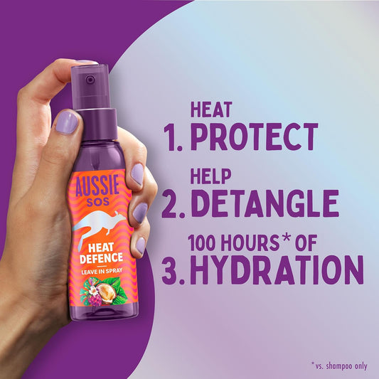 Aussie Sos Heat Defence Leave In Spray 100Ml To Detangle And Protect Against Heat While Keeping Hair Hydrated For 100 Hours. Infused With Australian Superfoods. Vegan Formula