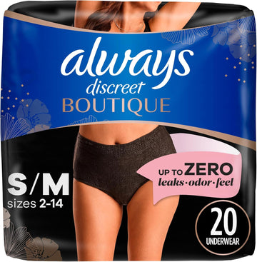 Always Discreet Boutique Incontinence And Postpartum Underwear For Women, Maximum Protection, S/M, Black, 20 Count (Packaging May Vary)