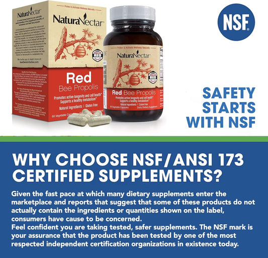 Naturanectar Red Bee Propolis | Nsf Contents Certified | Premium Brazilian Propolis | Ethical Beekeeping & Naturally Sourced | 60 Capsules