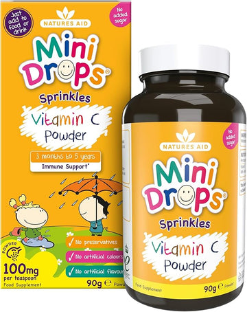 Natures Aid Mini Drops Vitamin C Sprinkles 90G For Infants & Kids - Immune System Support - No Sugar, Vegan, Gluten-Free, Non-Gmo - Easy-To-Use Daily Supplement For Children Aged Under 5