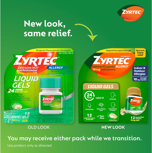 Zyrtec 24 Hour Allergy Relief Liquid Gels, Antihistamine Capsules With Cetirizine Hcl Allergy Medicine For All-Day Relief From Runny Nose, Sneezing, Itchy Eyes & More, 12 Count