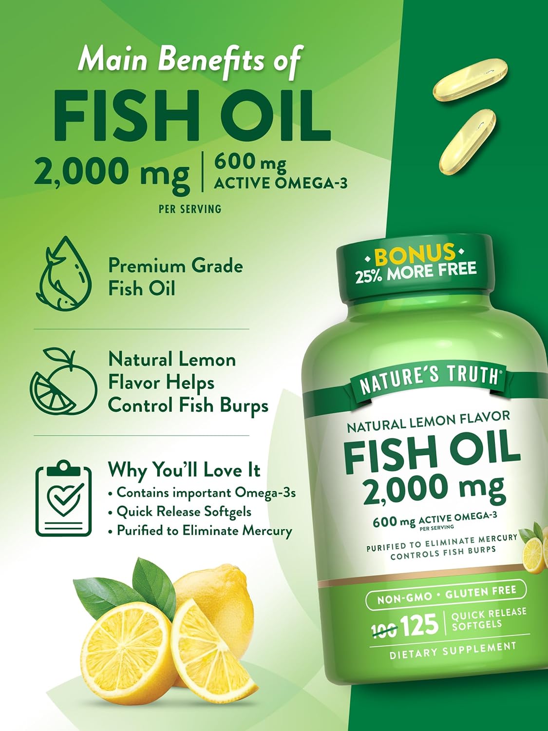Nature's Truth Omega 3 Fish Oil 2000 mg | 125 Liquid Softgels | Burpless, Lemon Flavor Pills | Non-GMO and Gluten Free Supplement : Health & Household