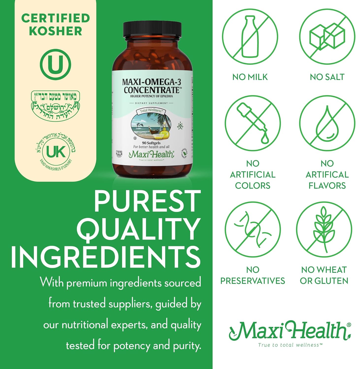 Maxi Health Omega 3 Supplement - Omega-3 Fish Oil Concentrate - Higher Potency Source Of Epa/Dha Fatty Acids - Heart, Brain & Joint Health - Kosher Certified Wild Caught Fish - 90 Vegetarian Softgels : Health & Household