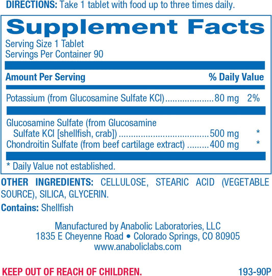 Anabolic Laboratories Glucosamine Chondroitin Tablets - 180 Nutritional Supplements For Joint Health - Contains 500 Mg Glucosamine Sulfate Potassium Chloride And 40 Mg Chondroitin Sulfate