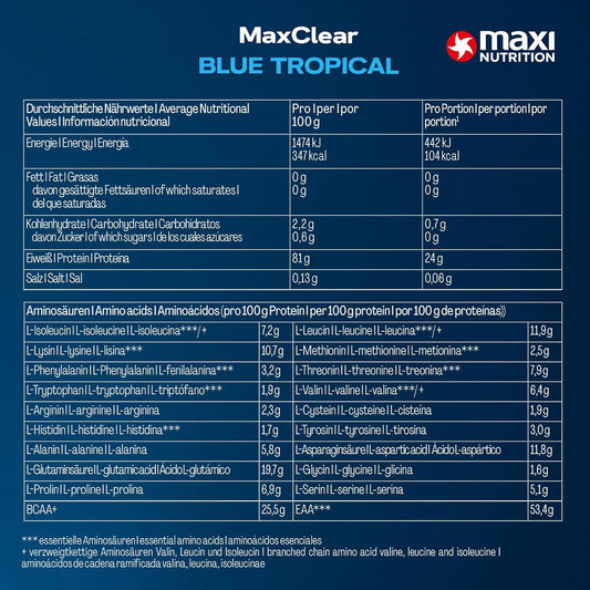 Maxinutrition Maxclear Blue Tropical 300G, 24G Protein, 104 Calories Per Serving. Refreshing, Low Calorie, No Artificial Colours Or Flavours