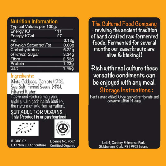 The Cultured Food Company - Organic Carrot & Fennel Sauerkraut 400G Jar X 2-100% Natural - Raw & Unpasteurised - Probiotic Rich - Traditionally Fermented Cabbage - Handmade - No Preservatives