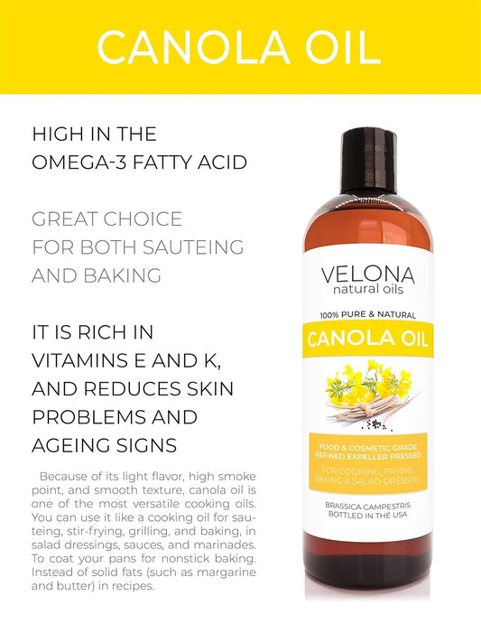 Canola Seed Oil By Velona - 8 Oz | 100% Pure And Natural Carrier Oil | Refined, Expeller Pressed | Cooking, Dressing, Skin, Face, Body, Hair Care | Use Today - Enjoy Results