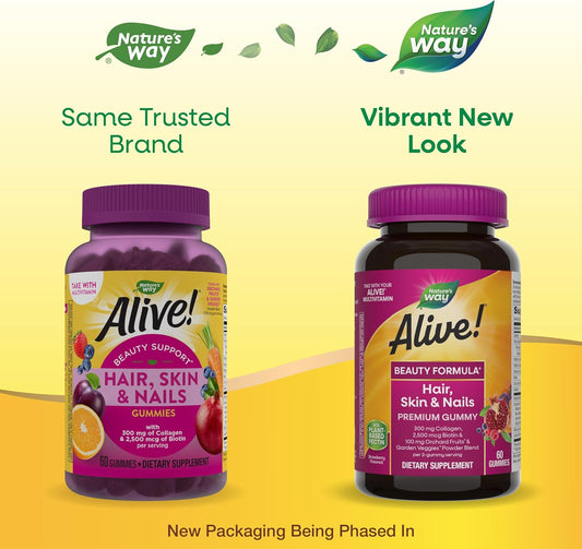 Nature'S Way Alive! Hair, Skin & Nails Premium Gummies, Beauty Formula*, With Collagen, Biotin, Vitamins C & E, Strawberry Flavored, 60 Gummies (Packaging May Vary)