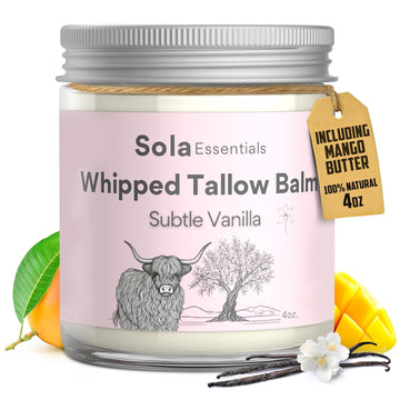 Grass Fed Whipped Beef Tallow For Skin - Whipped Tallow Balm With Mango Butter And Olive Oil - Natural Moisturizer, Suitable For All Skin Types, Smooth Texture, 4 Oz Jar, Made In Usa, Subtle Vanilla