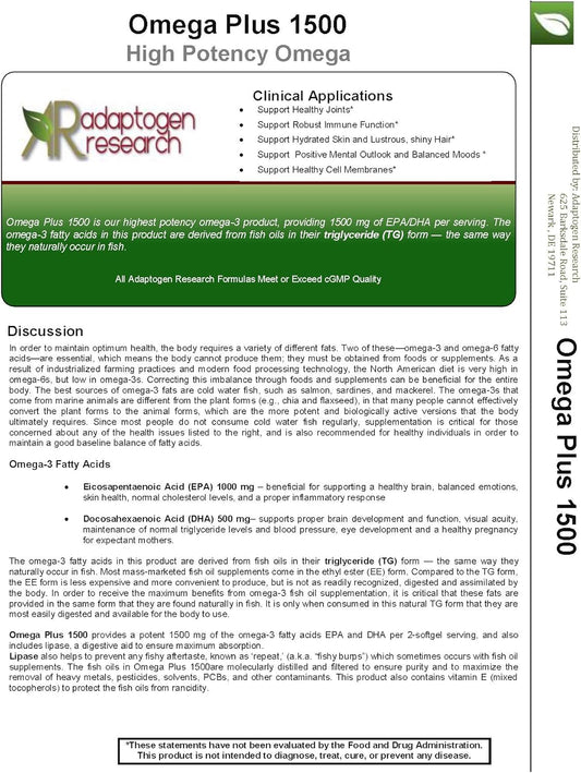 Omega Plus 1500 | 1500Mg Of The Omega 3 Fatty Acids Epa & Dha | Fish Oil In The Triglyceride Form Plus Lipase For Maximum Absorption | No Aftertaste | 60 Softgels
