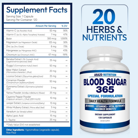 Arazo Nutrition Blood Sugar 365 Supplement – Supports Healthy Energy Levels - 120 Herbal Pills - 60 Day Supply