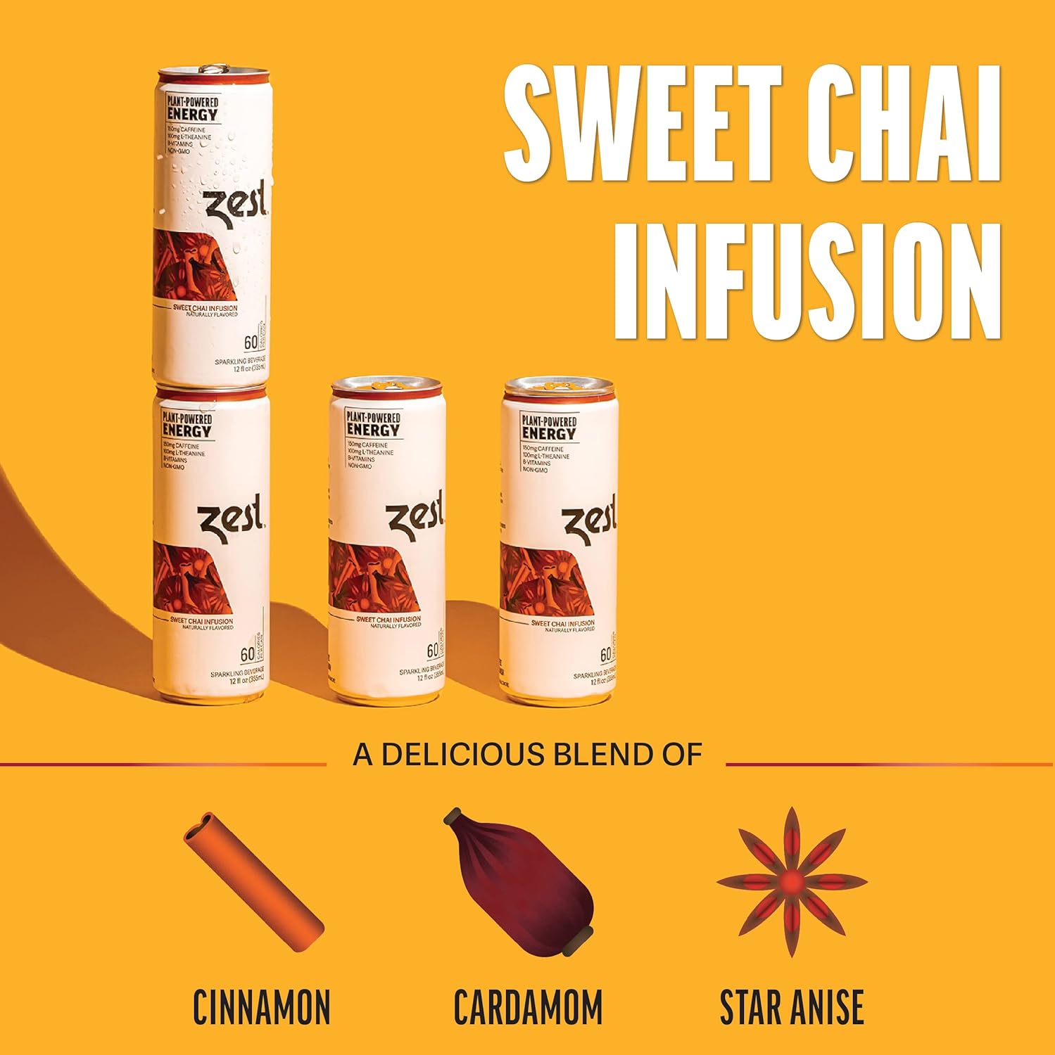 Zest Plant Powered Natural Energy Sparkling Drink - Sweet Chai Infusion - 150Mg Caffeine + 100 Mg L-Theanine - 12Oz Can 12 Pack - Low Sugar, 60 Cals, Healthy Coffee Substitute, Non Gmo High Caff Blend
