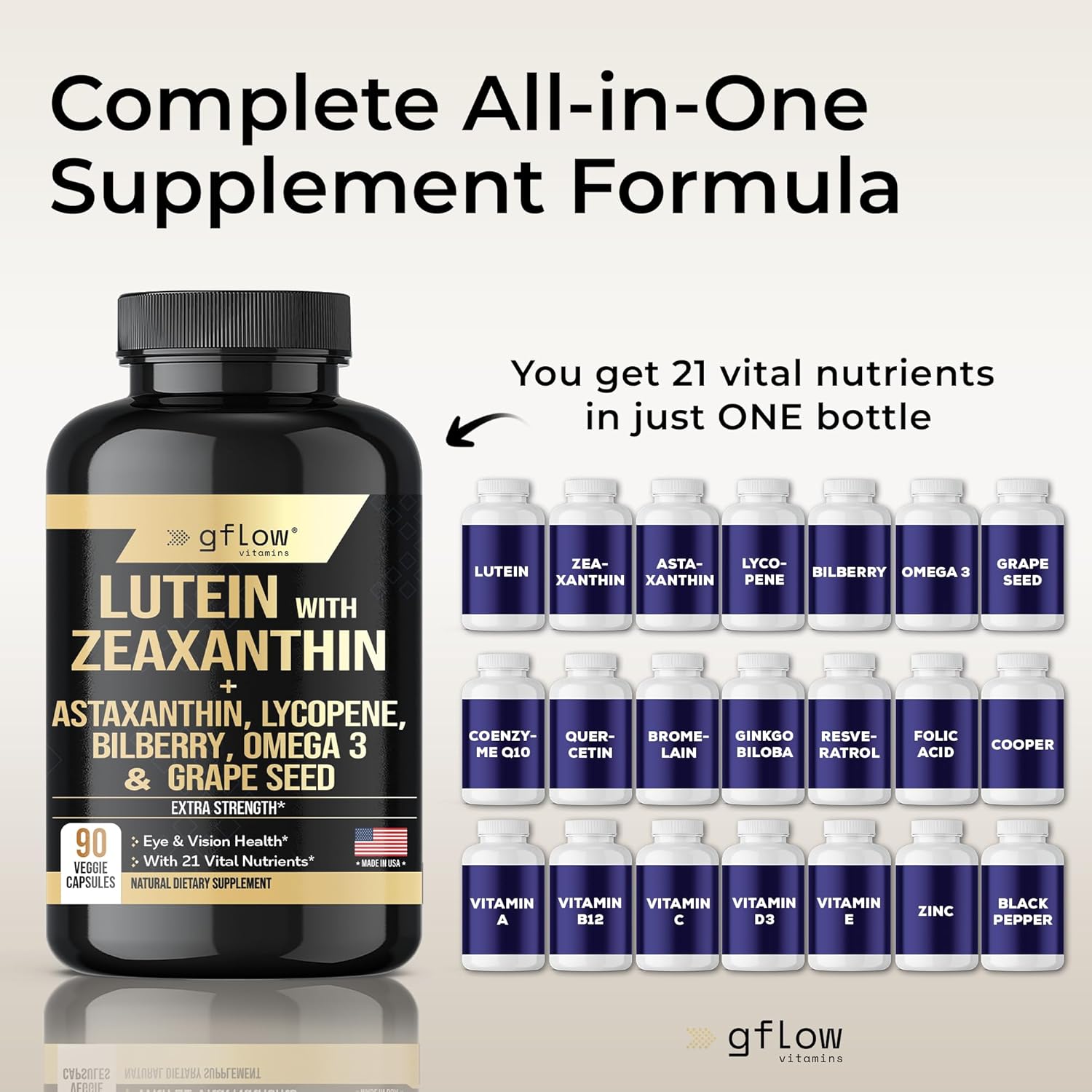 Gflow Vitamins Lutein And Zeaxanthin Supplements - Advanced Eye Support & Health Vision Formula - Astaxanthin, Omega 3, Resveratrol, Bilberry, Lycopene, Quercetin, Ginkgo Biloba, Vitamin D, Usa Made : Health & Household