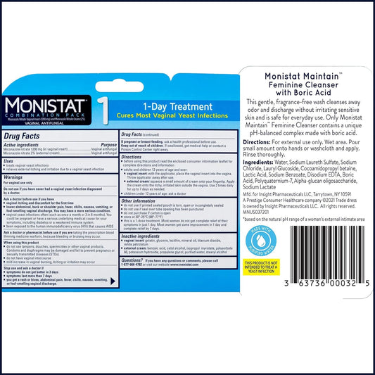 Monistat 1 Day Yeast Infection Treatment For Women, 1 Miconazole Ovule Insert & External Monistat Anti-Itch Cream Bundle + 10 Fl Oz Boric Acid Feminine Cleanser