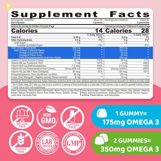 Omega 3 Gummies For Kids 4+, With Dha, Vitamin D3 K2, C, B6 B12, Luetin & Omega 3 6 9, No Fish Taste, Sugar Free Kids Vitamins Gummies, For Brain Bone Eyes Focus Immunity, Fish Oil Alternative, 120Cts